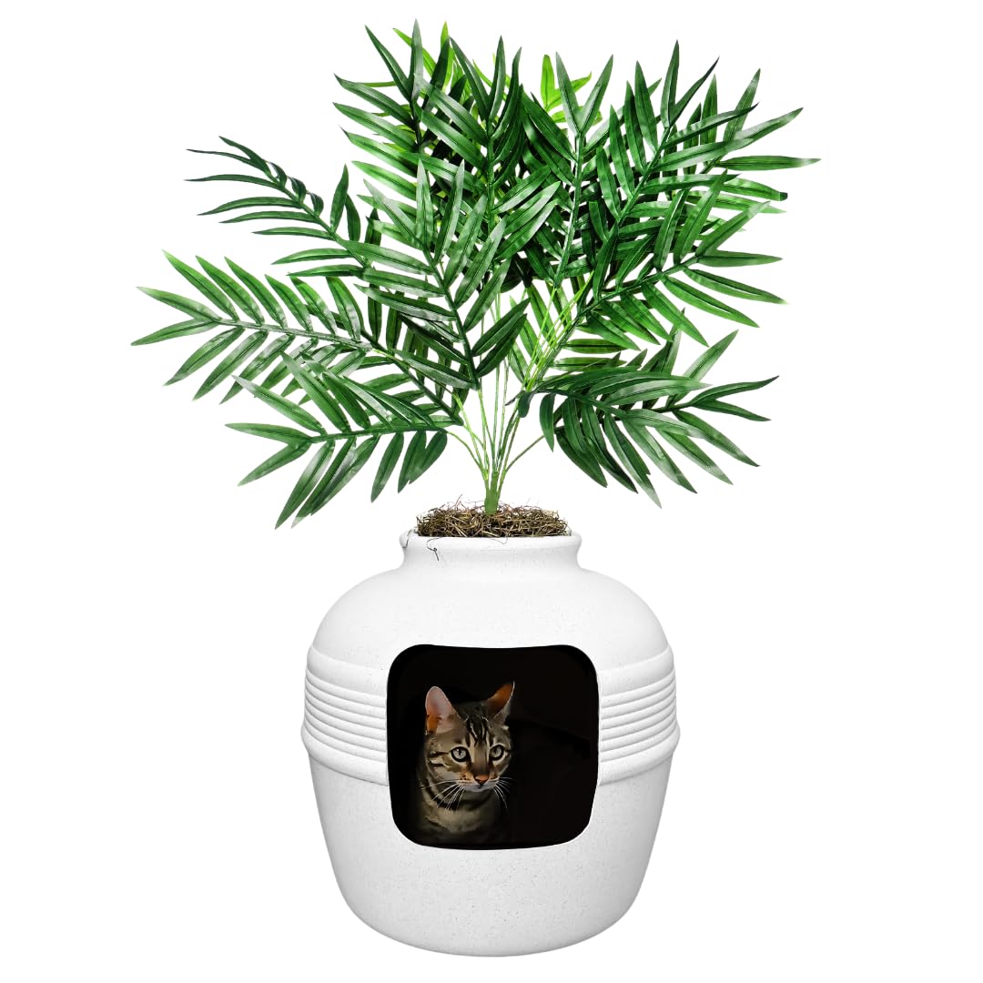 Good Pet Stuff Hidden Cat Litter Box Enclosure with Artificial Plant, Decorative Round Planter, Vented Carbon Charcoal Filter fo