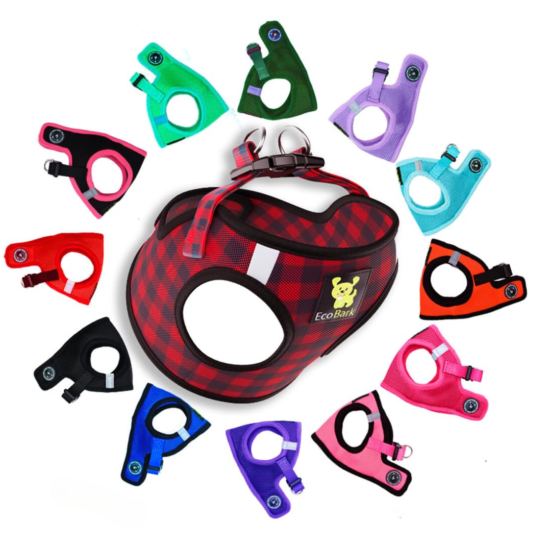 Ecobark Step In Dog Harness - Eco-Friendly Small Breed Dog Harnesses For Xxs, Xs, And Small Dogs - Reflective And Adjustable Mini Body Halter Vest - Tiny Soft Mesh Toy Breed Harness (Red Plaid, Xs)