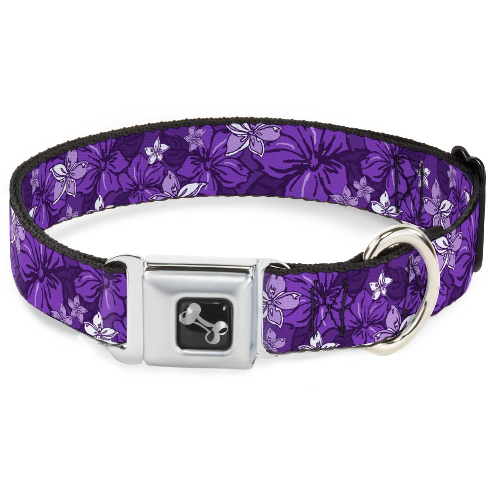 Dog Collar Seatbelt Buckle Hibiscus Collage Purple Shades 18 To 32 Inches 1.5 Inch Wide, Dc-W30877-Wl