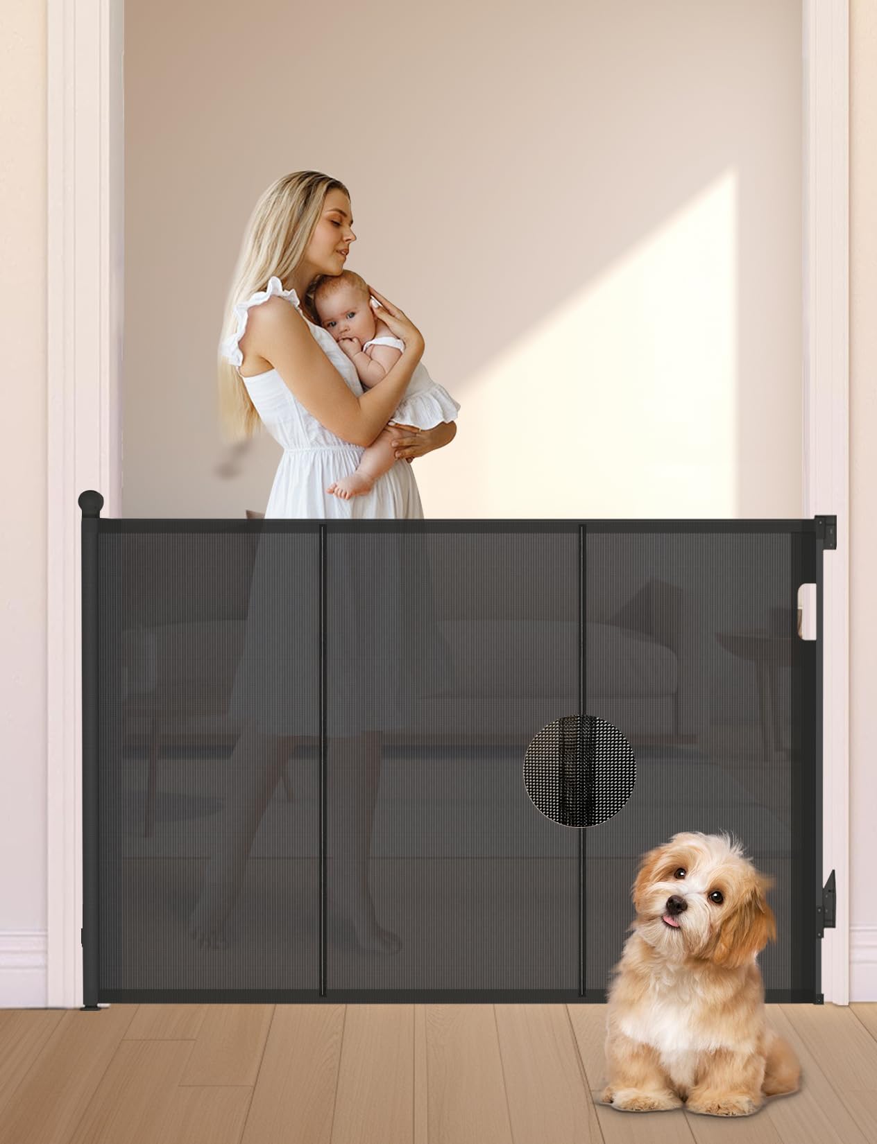 Reinforced Retractable Baby Gate, Extra 38  Tall, Extends up to 63  Wide, Hardwared Installation Mesh Gate for Stairs, Dog Gate,