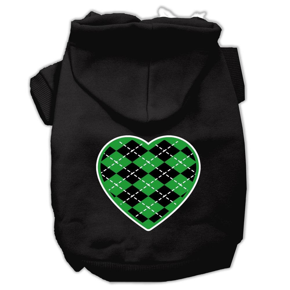 Pet Dog & Cat Hoodie Screen Printed, 'Green Argyle Heart' Black Xs (0-3 Lbs.)