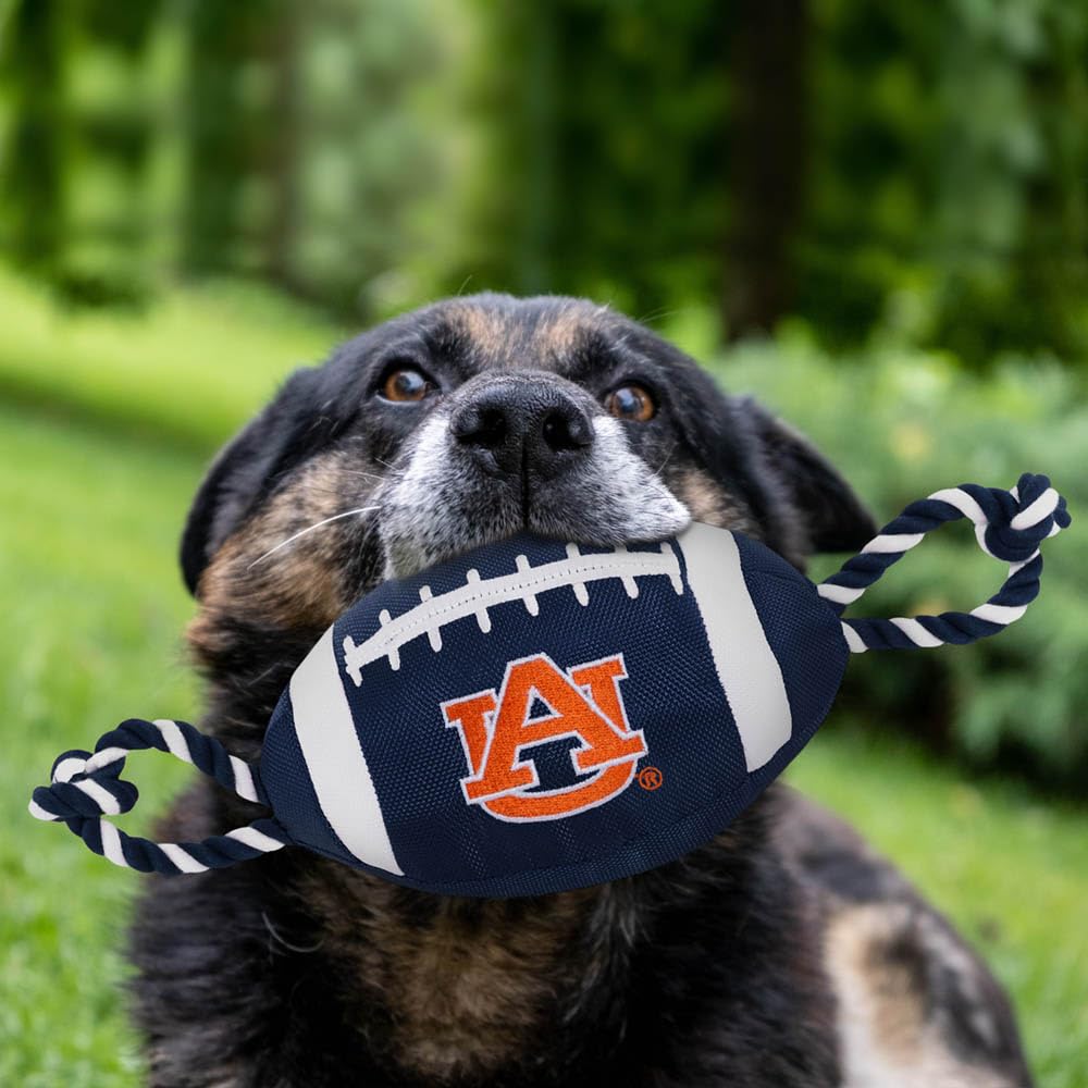 Pets First NCAA Auburn Tigers Football Dog Toy, Tough Quality Nylon Materials, Strong Pull Ropes, Inner Squeaker, Collegiate Tea
