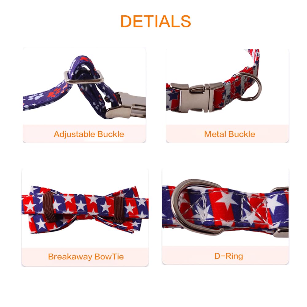 Bnibol 4Th Of July American Flag Dog Collar, Red Blue Bow Tie Dog Collar With Metal Adjustable Buckle,Soft And Comfortable Indep