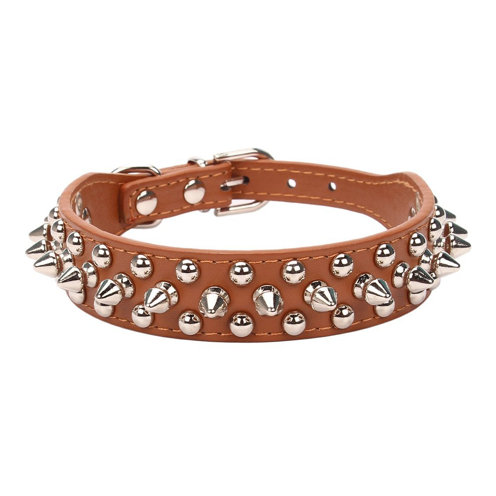 Aolove Mushrooms Spiked Rivet Studded Adjustable Pu Leather Pet Collars For Cats Puppy Dogs (X-Small, Brown)