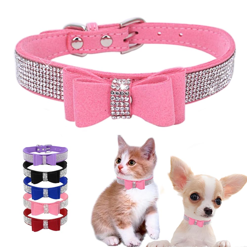 Rhinestone Small Dog Collar With Bow, Bling Puppy Collars Diamond Sparkly Crystal Cute Fancy Adjustable For Xxs Xs Small Medium 