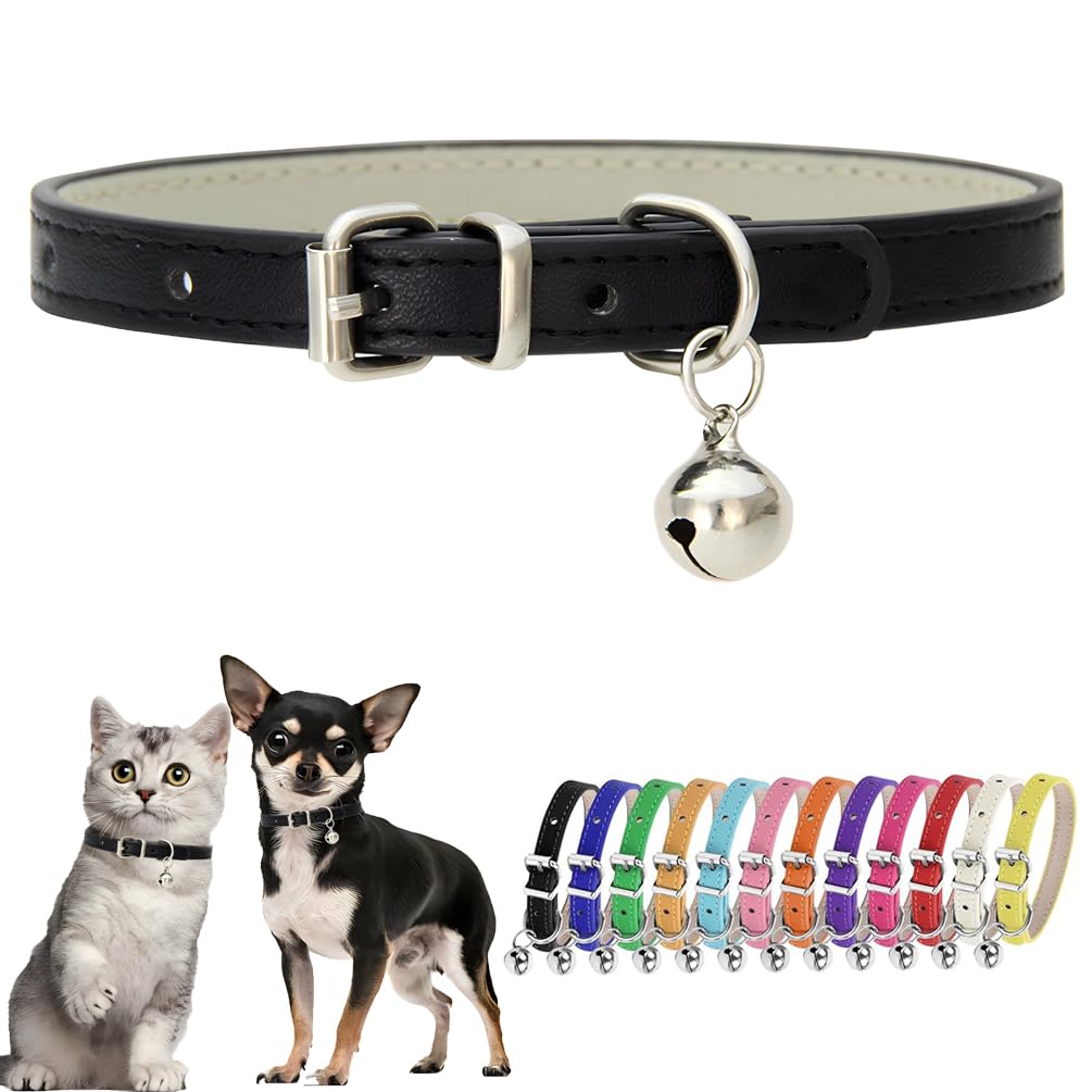 Black Puppy Collar With Bell Faux Leather Small Dog Collar With Bells Adjustable Buckle Kitten Cat Collars For Xxs Xs Tiny Littl