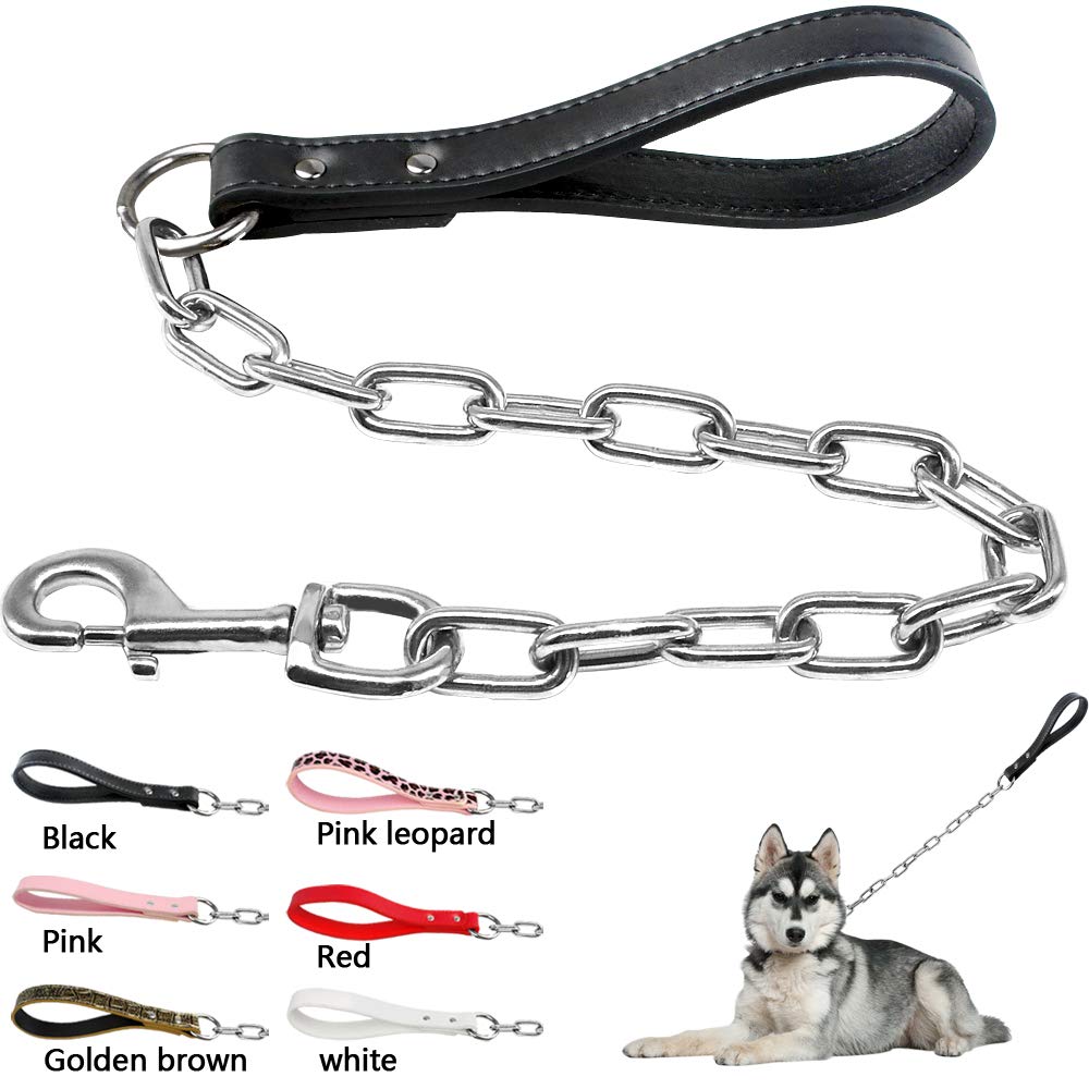 Pimaodog Metal Chain Heavy Duty Dog Leash, 28 Inch Length Training Dog Leash With Pu Leather Handle For Large & Medium Size Dogs