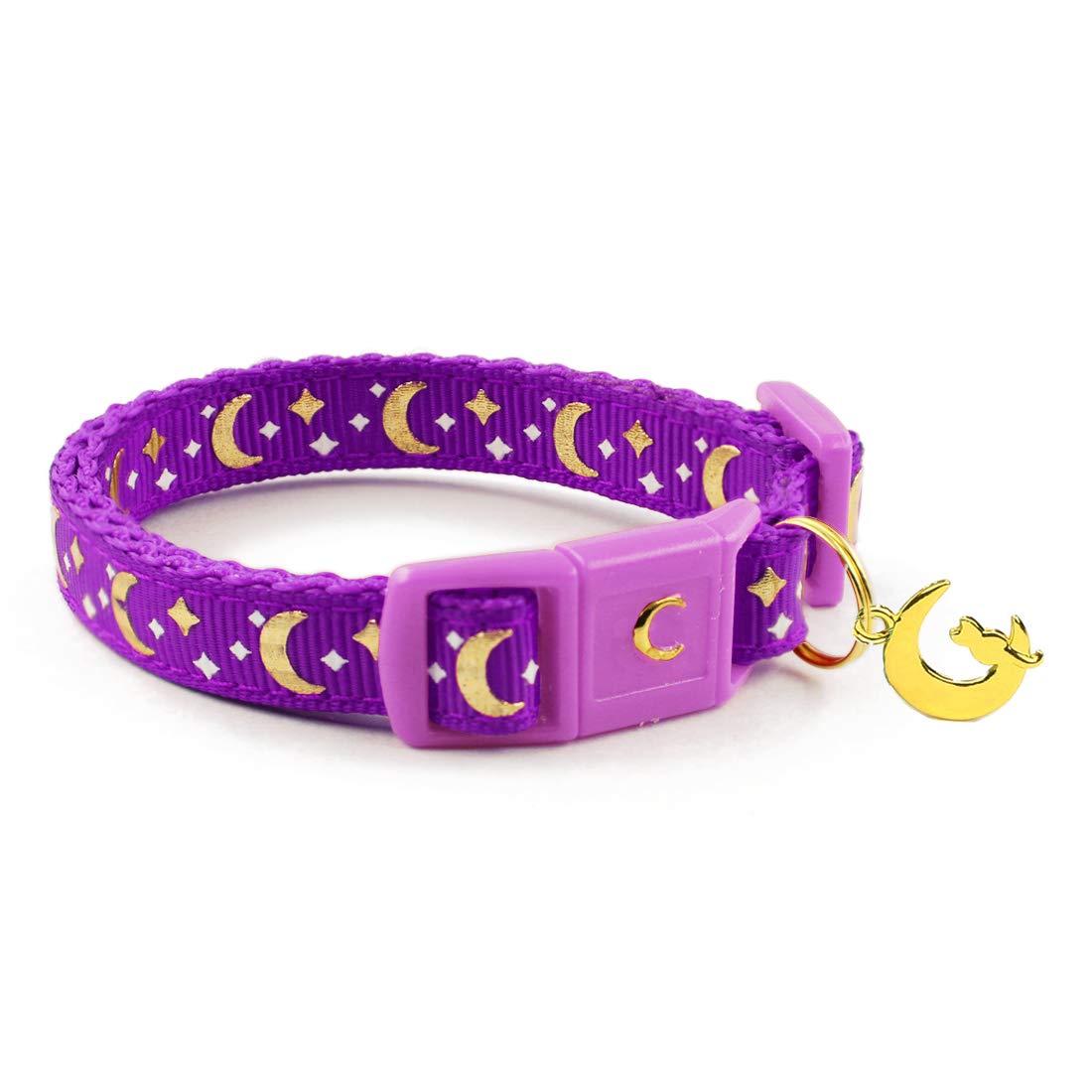 Waaag Cat Collars, Gold Moons And Stars Cat Collar, Safety Breakaway Cat Collar, Glow In The Dark (Standard 9''-15'' Neck, Purpl