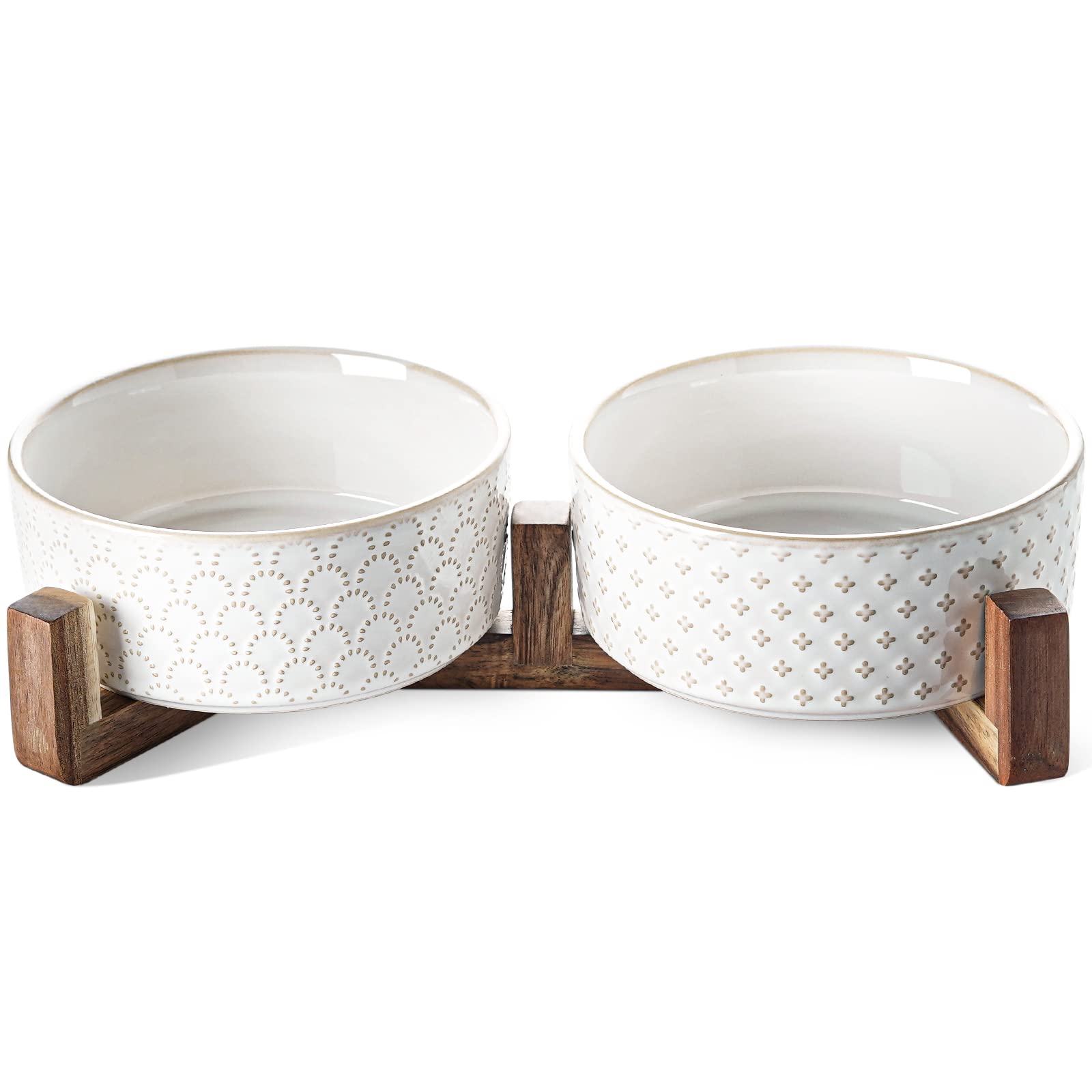 Dog Bowls Ceramic for Small Medium Dogs - 3-Cup Dual Food & Water Bowl Set with Acacia Wood Stand, Non-Slip Anti-Tip Elevated De