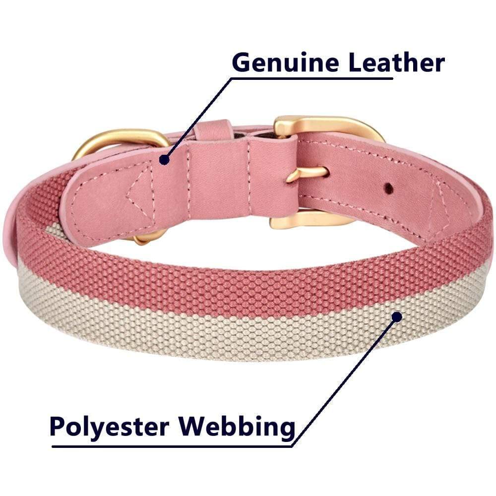 Blueberry Pet Soft & Comfy Genuine Full Grain Leather & Polyester Combo Adjustable Dog Collar - Classic Staple Striped In Pink A