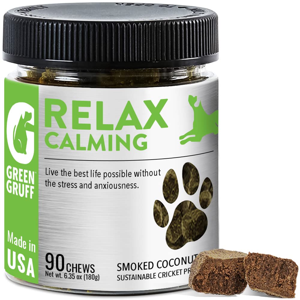 Green Gruff Calming Chews For Dogs - Organic Calming Dog Supplement - Veterinarian Approved - Dog Calming Treats To Relieve Stress, Separation, Storms, Fireworks, Travel - 90 Chews