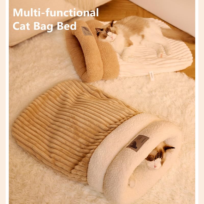 Zhuanxua Cat Winter Sleeping Bag, Soft Plush Cat Cave Bed For Indoor Cats, Kitten, Puppy (Beige, L-21 X18)