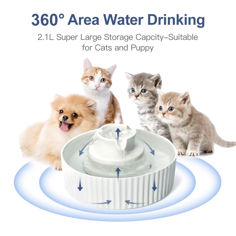 Cepheus Ceramic Pet Drinking Fountain, Ultra Quiet Cat Water Fountain, 2.1L Drinking Fountains Bowl For Cat And Dogs With Carbon Filter And Foam(White)