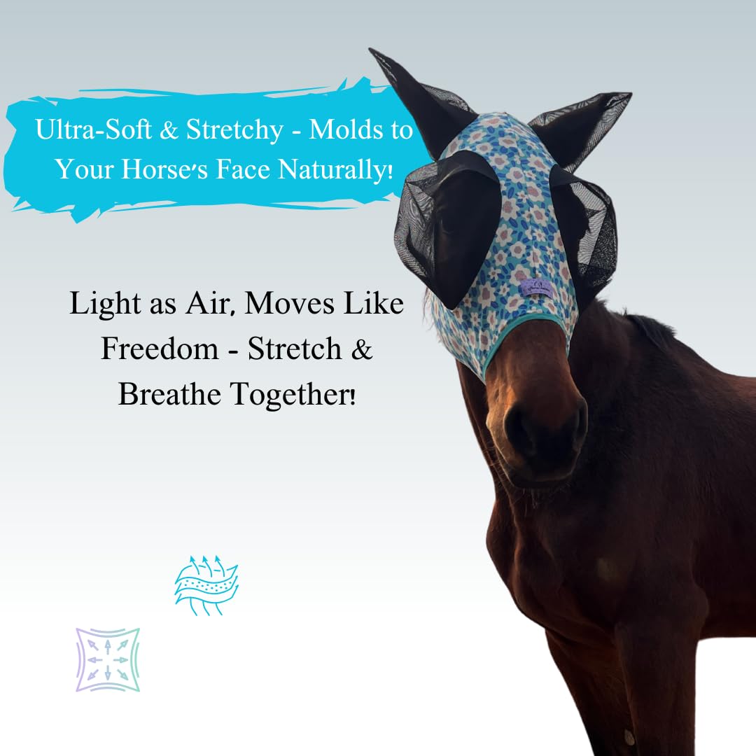 Horzmetnex Stretchy Horse Fly Mask with Extra-Large Eyes & Mane Opening - Soft, Breathable Fly Mask for Horses, Tangle-Free Desi