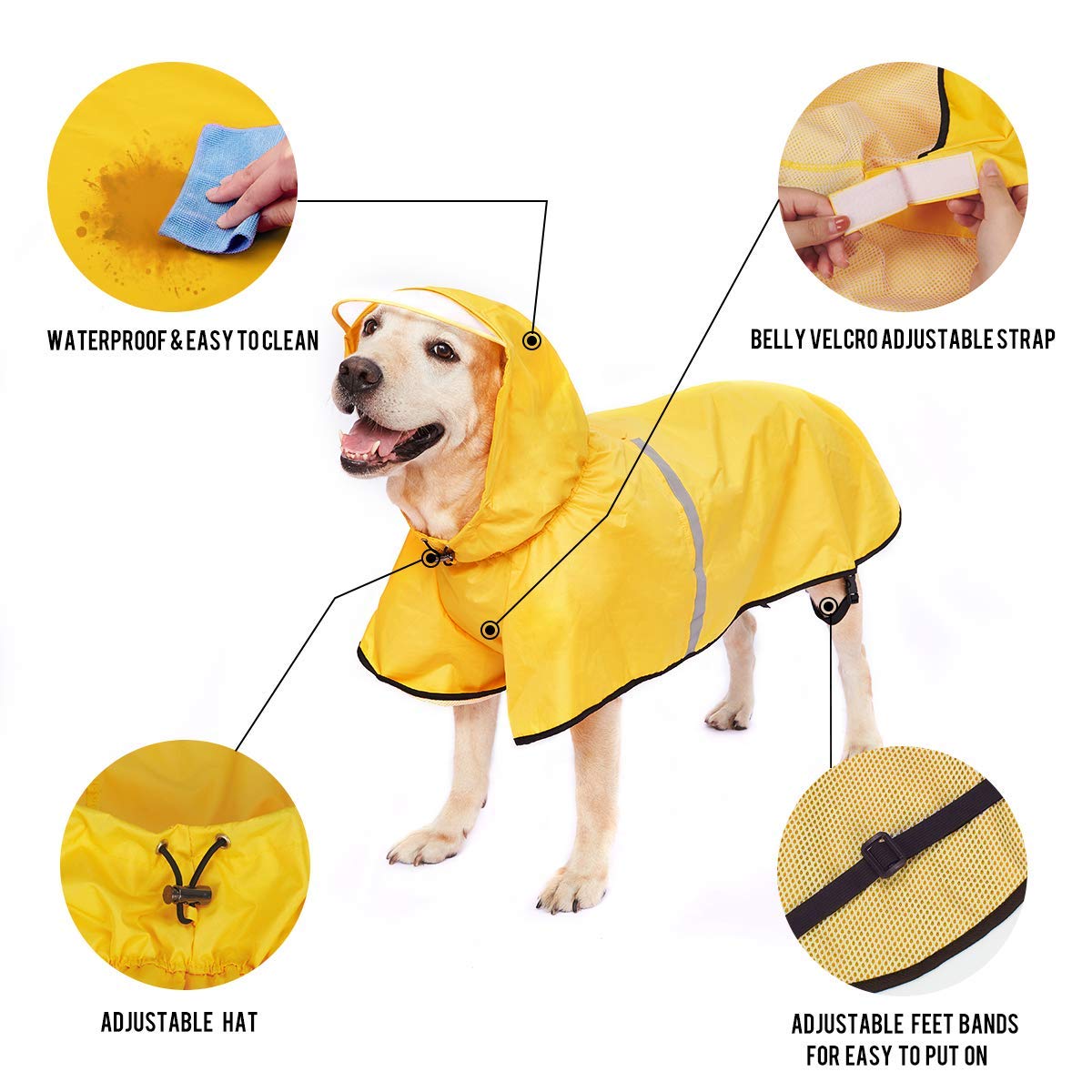 Dog Raincoat With Adjustable Belly Strap And Leash Hole - Hoodie With Reflective Strip - Waterproof Slicker Lightweight Breathab