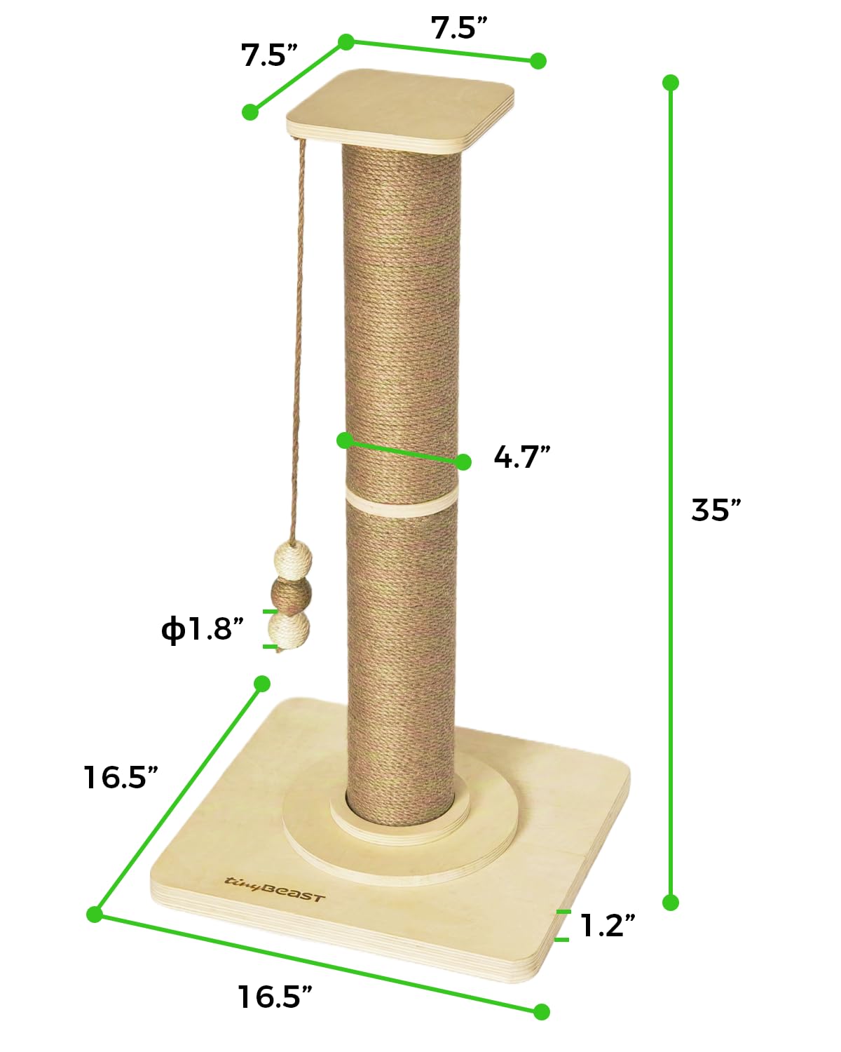 Tinybeast Wooden Cat Scratching Post, Sturdy 35'' Tall Natural Sisal Cat Scratcher With Thick Solid Wood Base For Adult Cats Ind