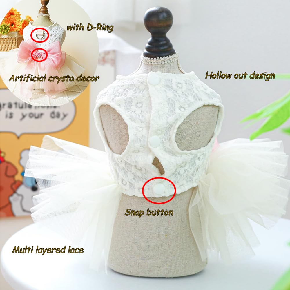 Anelekor White Small Dog Wedding Dress With D-Ring, Bow Knot Puppy Clothes For Small Dog Girl,Cat Birthday Outfit, Pet Party Dre