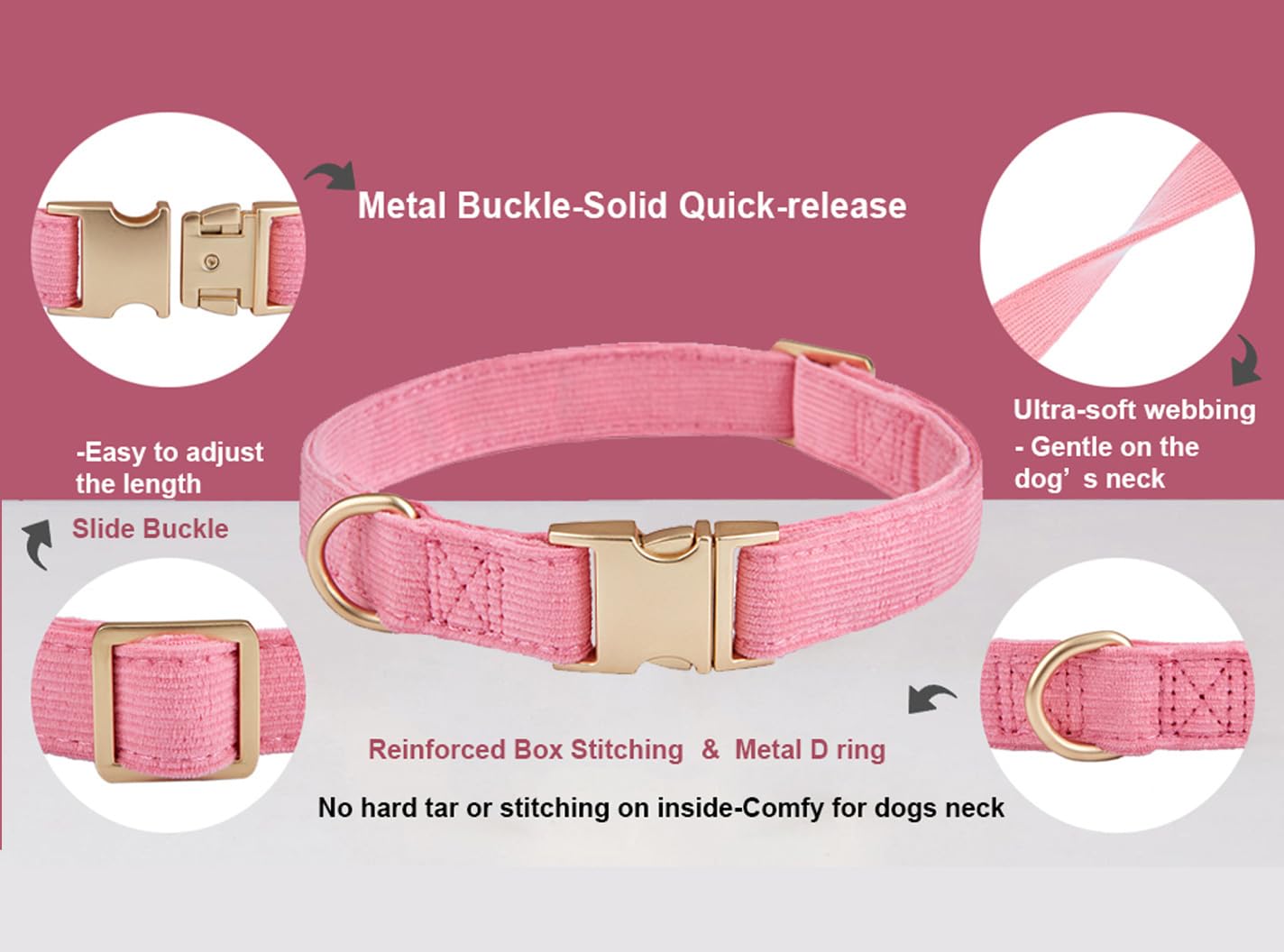 Ewinoom Soft Corduroy Dog Collar and Leash Set, Adjustable Cotton Dog Collars with Metal Buckle and Lead for Large Dogs,Hot Pink