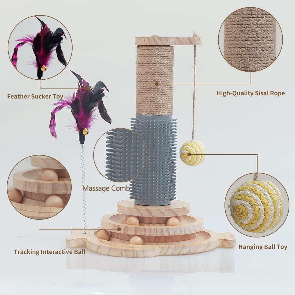 Marchul Cat Toy Roller 2-Level Turntable, Wooden Cat Track Toy With Scratching Post, Interactive Kitten Fun Track Toy For Indoor Cats