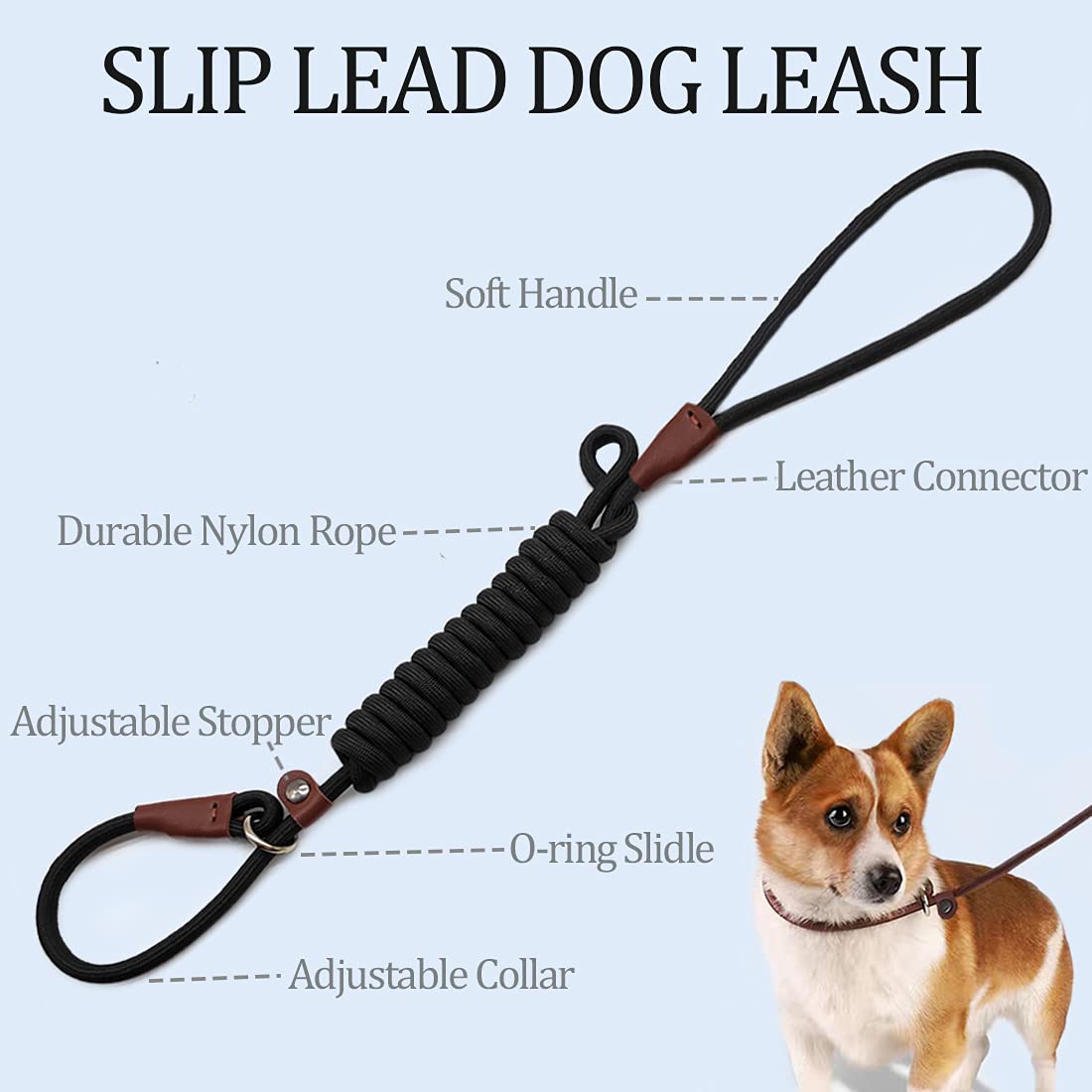 MayPaw Slip Lead Control Leash for Dogs, 7FT x 1/4" Blue Metal Rope, No Pull Design, Ideal for Small Medium Pets