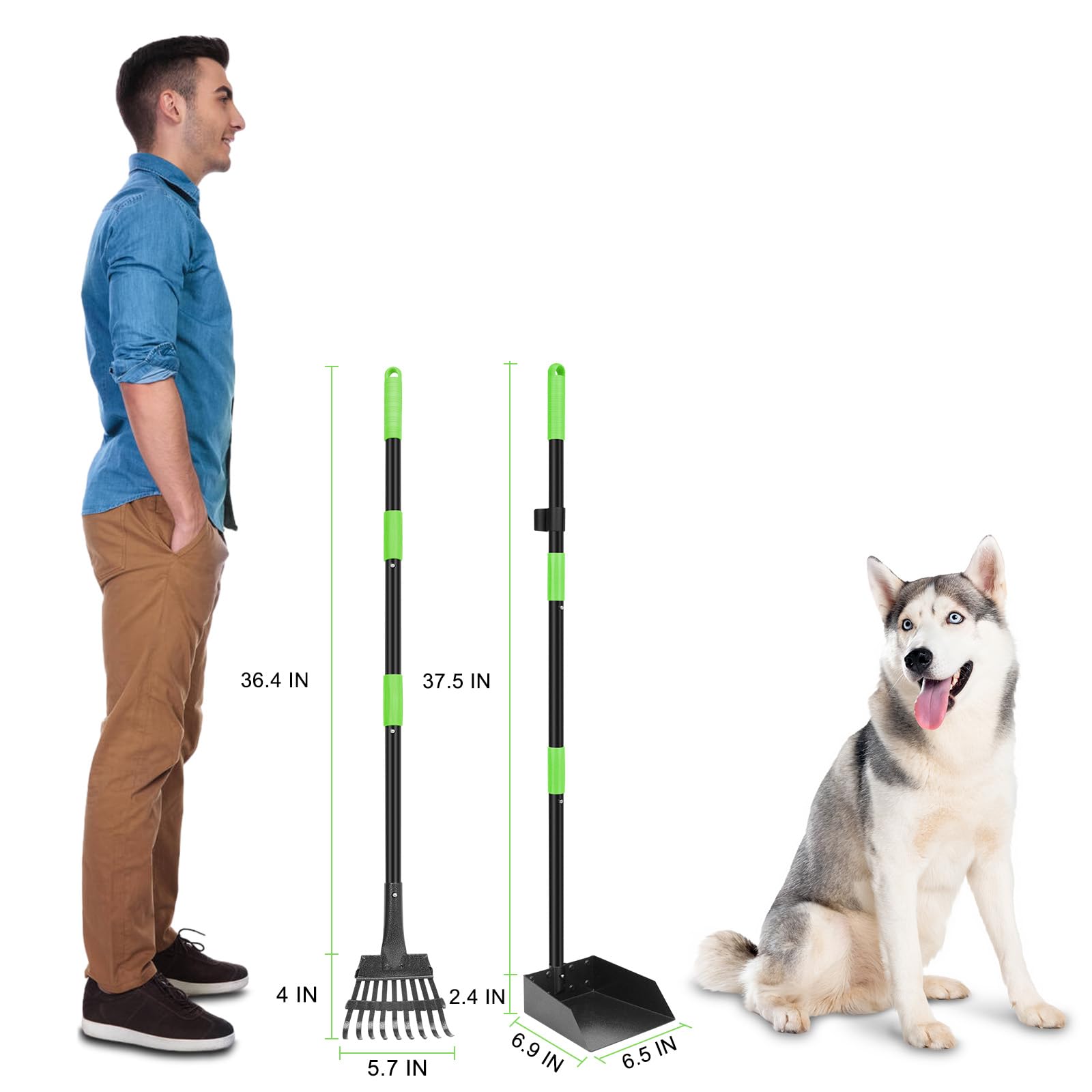 Twocorn Non-Breakable Pooper Scooper, Dog Pooper Scooper Tray & Rake Set With Adjustable Stainless Steel Long Handle For Large M