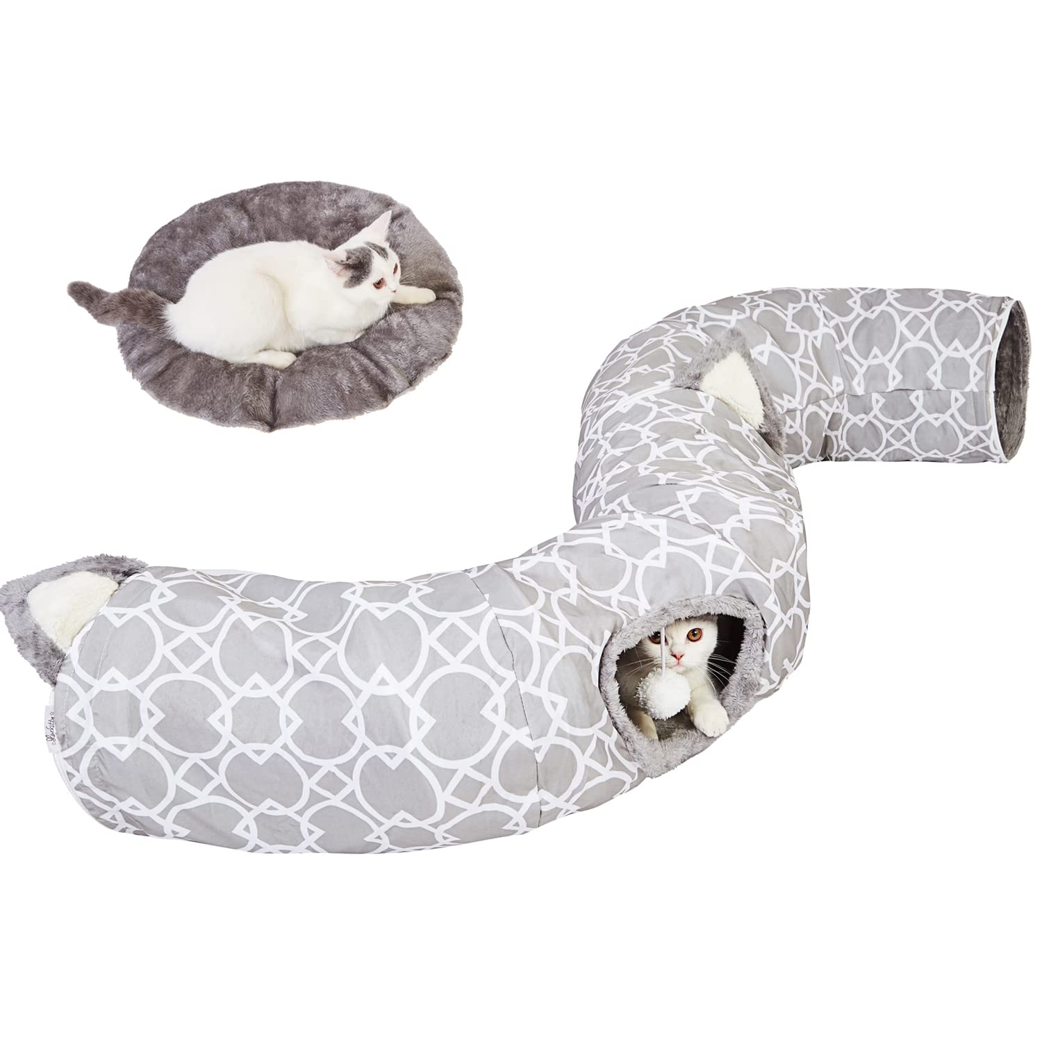 Luckitty Geometric Cat Tunnel Bed Oxford Outside With Plush Inside,Cats Toys Collapsible Tunnel Tube With Balls, For Rabbits, Ki