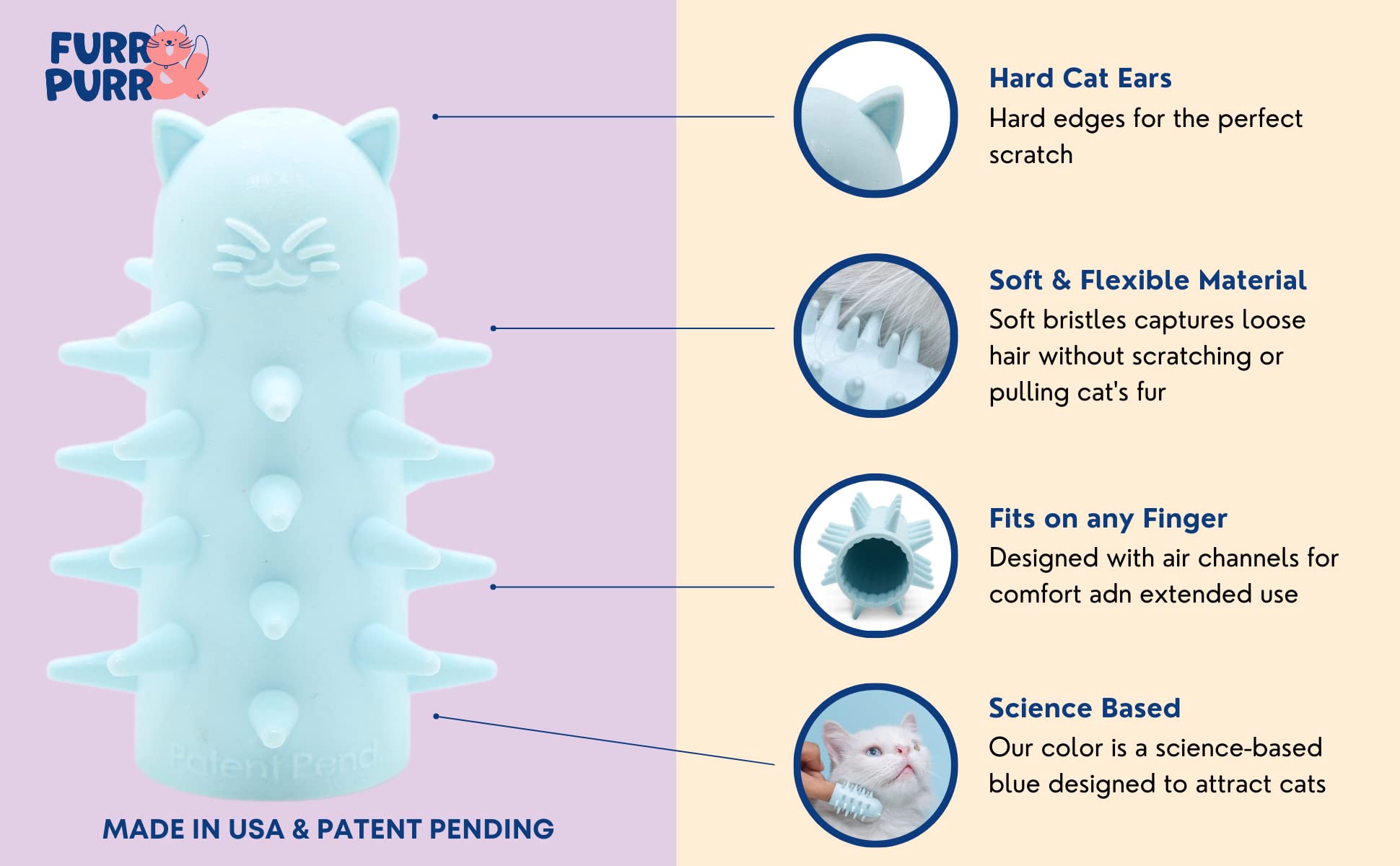 Furr&Purr Cat Brush, Scratcher, And Massager - Indoor Cat Calming Care With Face Scratcher, Finger Brush (3-Pack, Made In Usa)