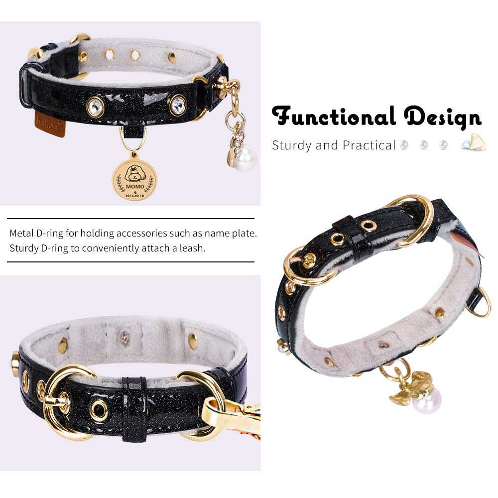 PetsHome Adjustable Cat & Dog Collar - Bling Rhinestones, PU Leather, Small, Black, Model PH-US-3085-Pet-Collar-S-BK