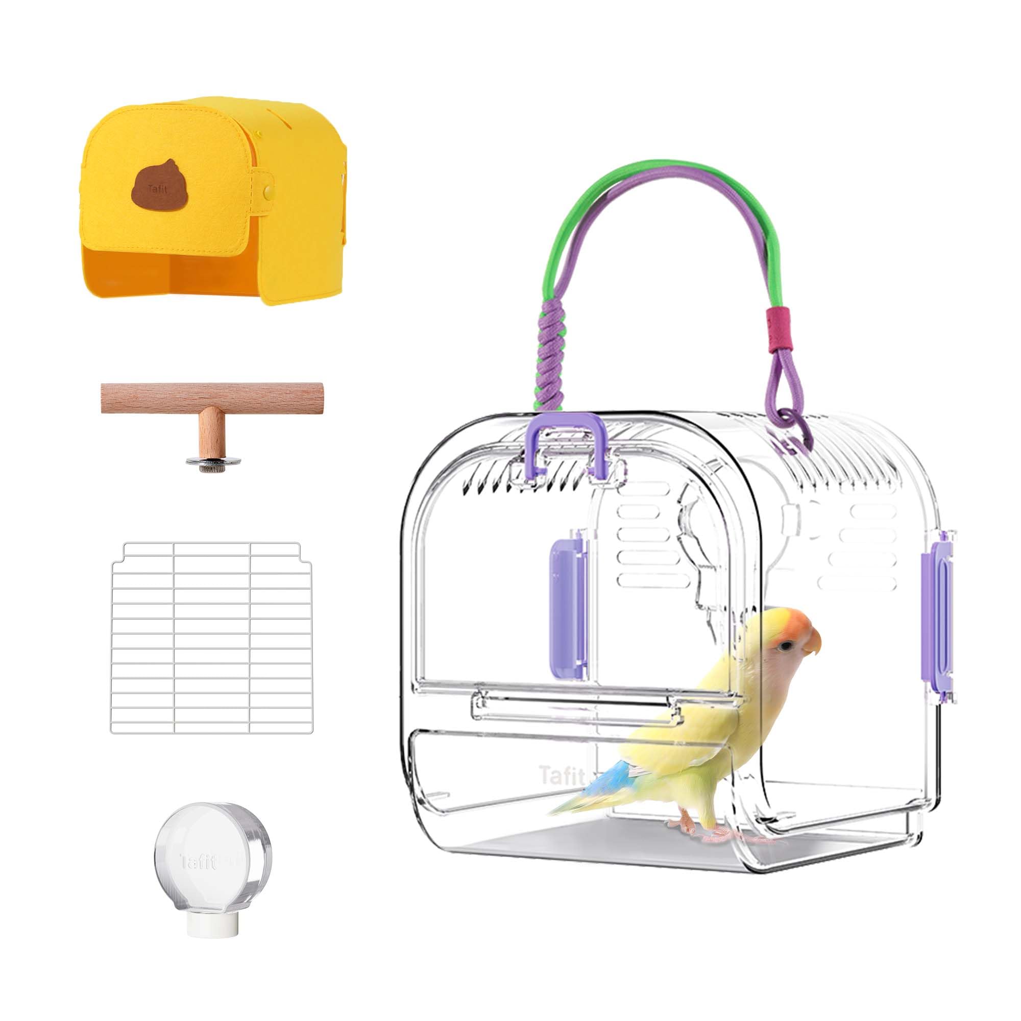 Tafit Bird Travel Carrier Cage with Metal Perch, Bottom Mesh, Food Bowl Tray, Cage Cover & Breathable Clear Ventilation for S/M 
