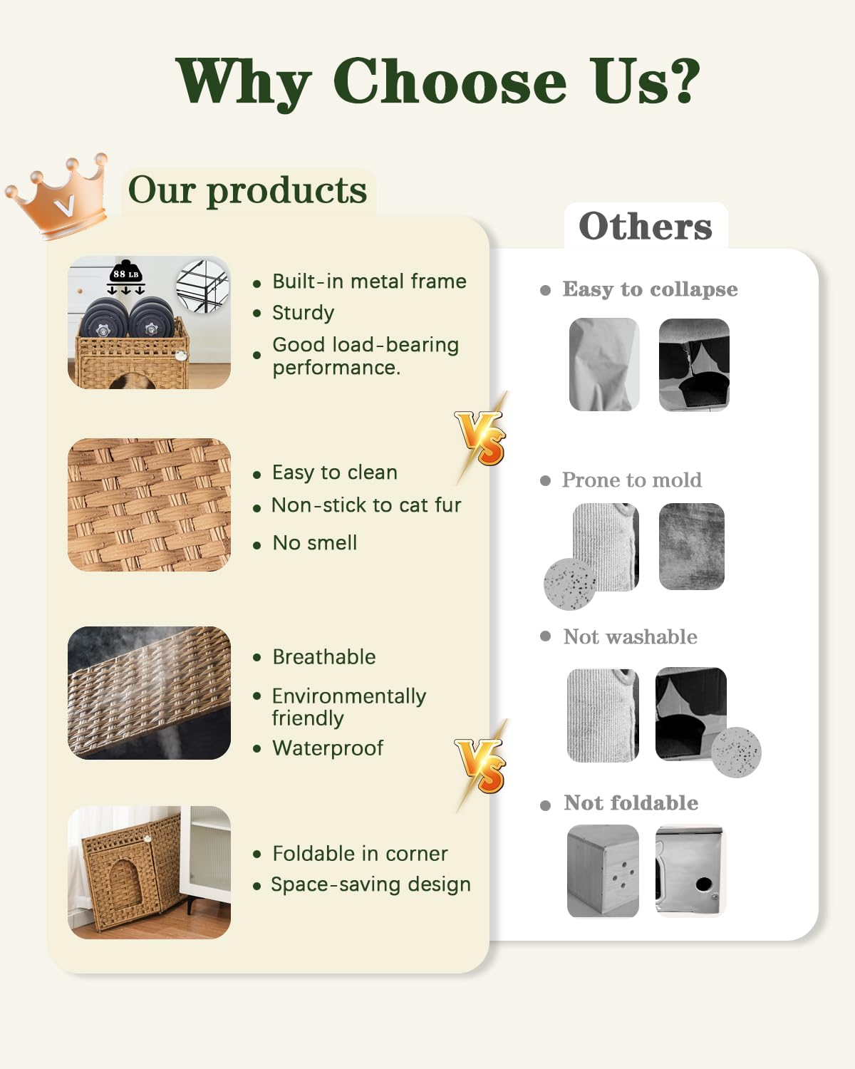 Setvson Cat Beds For Indoor Cats Extra Large Double Cat Cave Pet Cube, Handwoven Rattan Cat Houses With Double-Sided Soft Cushio