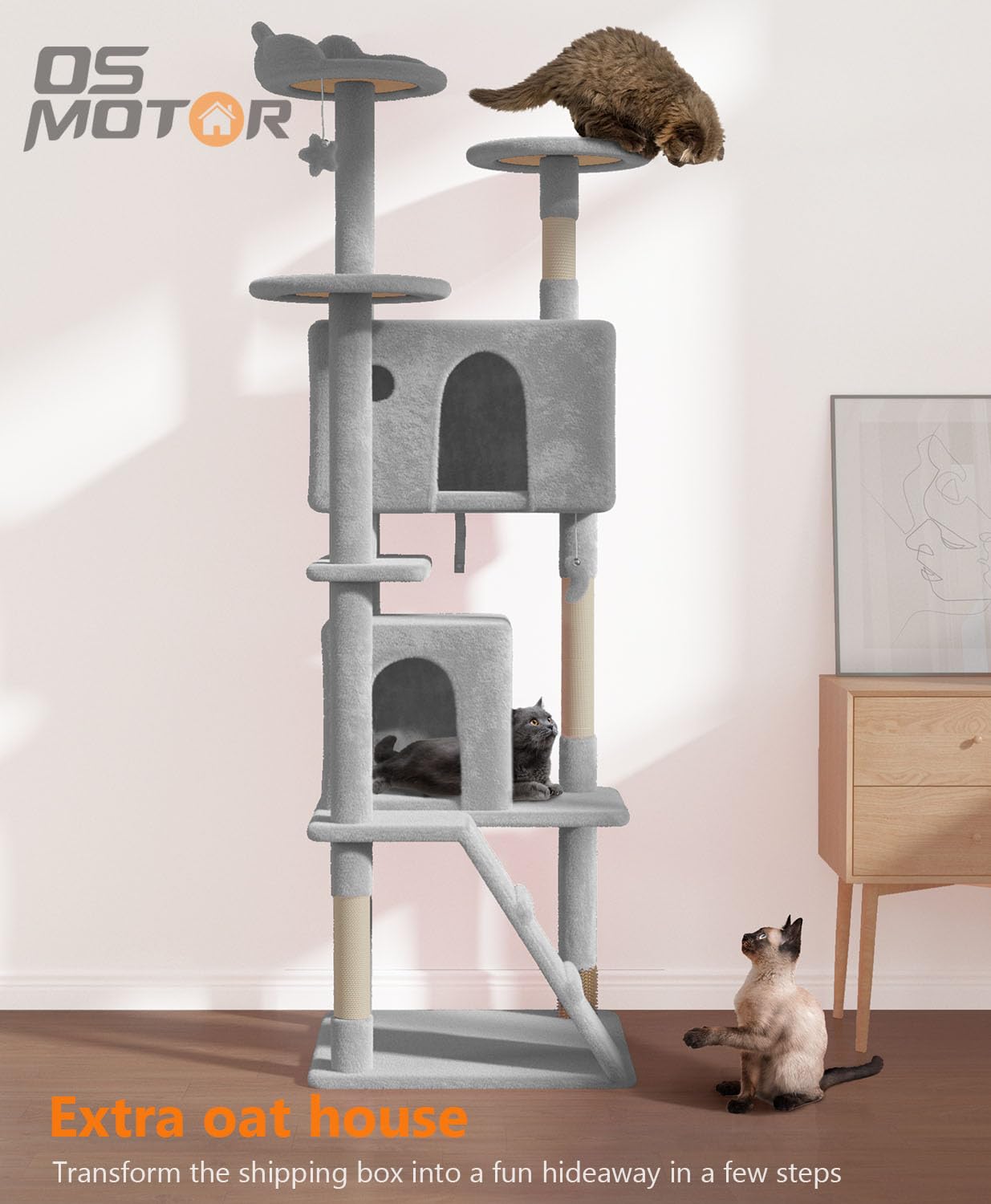 Os Motor 77'' Cat Tree Tower For Indoor Cats Large Adult,Cute/Tall Modern Cat Tree For Big Cats 20 Lbs,Plush Multi-Level Cat Con