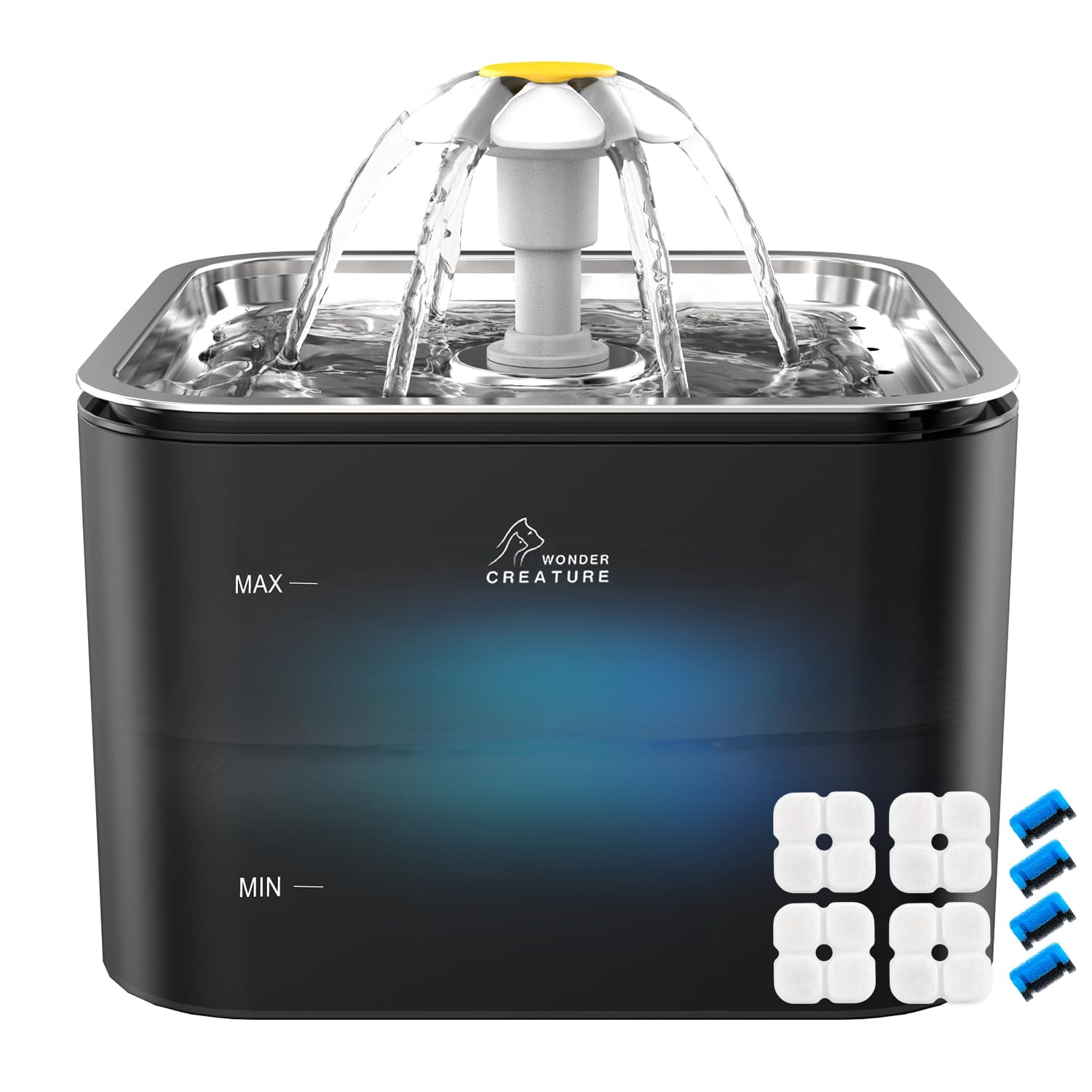 Crystal Cat Water Fountain Stainless Steel With 4 Filters And 4 Sponges, 101Oz/3L Pet Fountain With Led Light For Cats And Dogs 