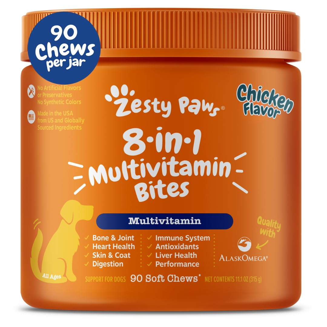 Zesty Paws Multivitamin Treats For Dogs - Glucosamine Chondroitin For Joint Support + Digestive Enzymes & Probiotics - Grain Free Dog Vitamin For Skin & Coat + Immune Health - Chicken Flavor - 90Ct