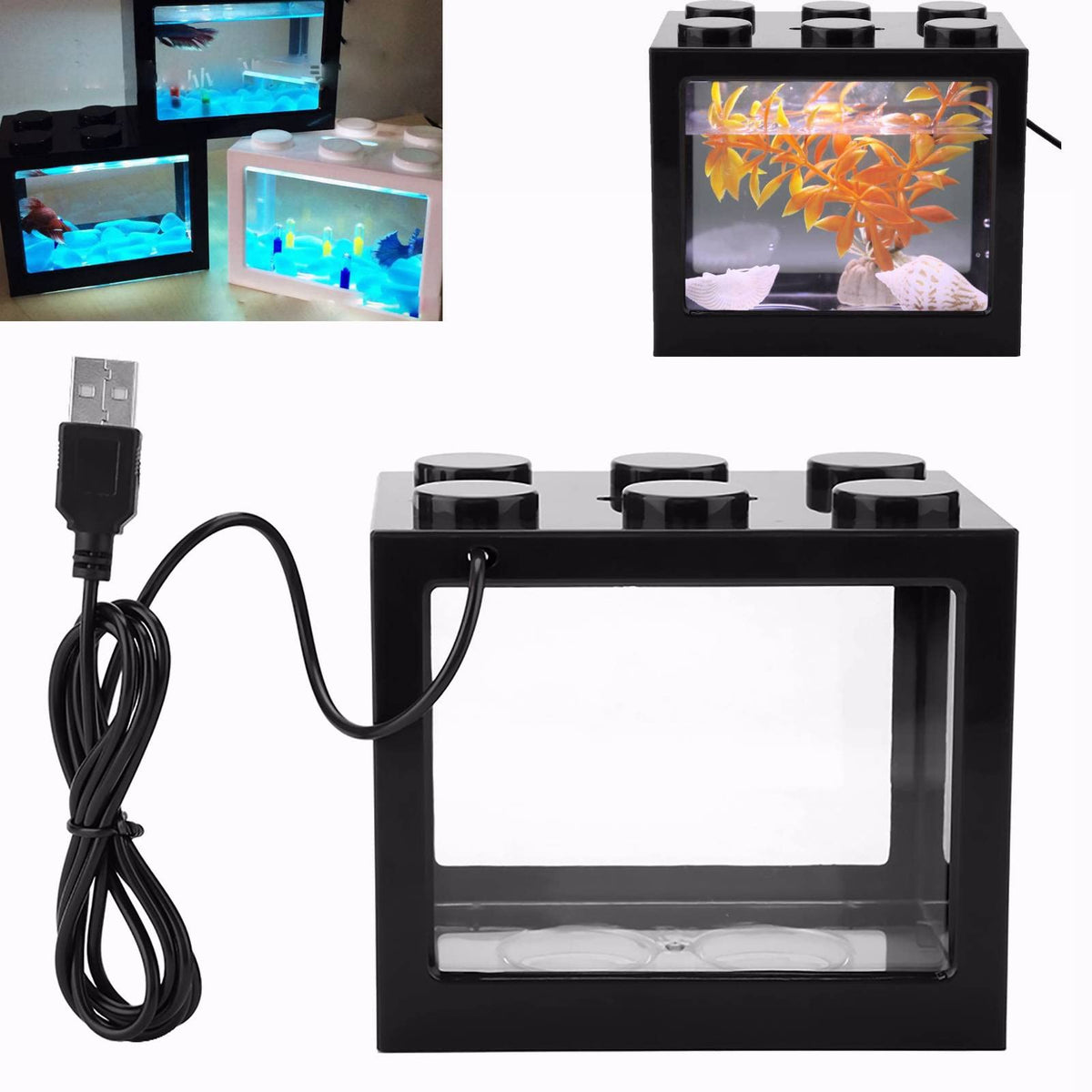Mini Aquarium Box, Small Betta Fish Multifunctional Usb Rechargeable Fish Tank With Led Light Lamp Reptile Feeding Box Building Block Fish Bowl Home Decor Led Light Feeding Box(Black)
