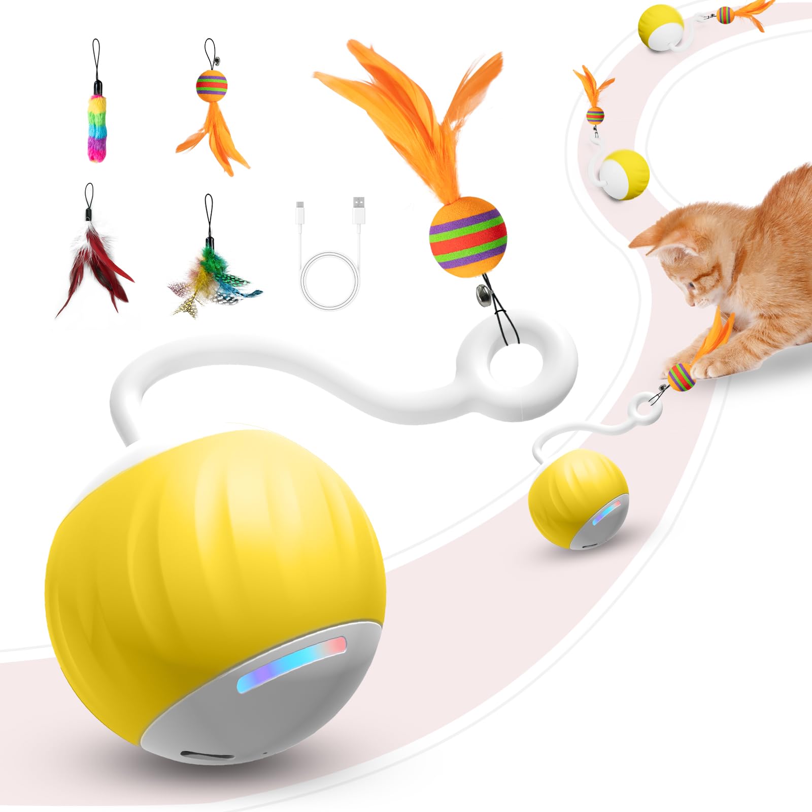 Aaa Amusang Interactive Cat Ball Toy And Feather Toys Refills For Indoor Cats, Automatic Cat Enrichment Toys - Yellow