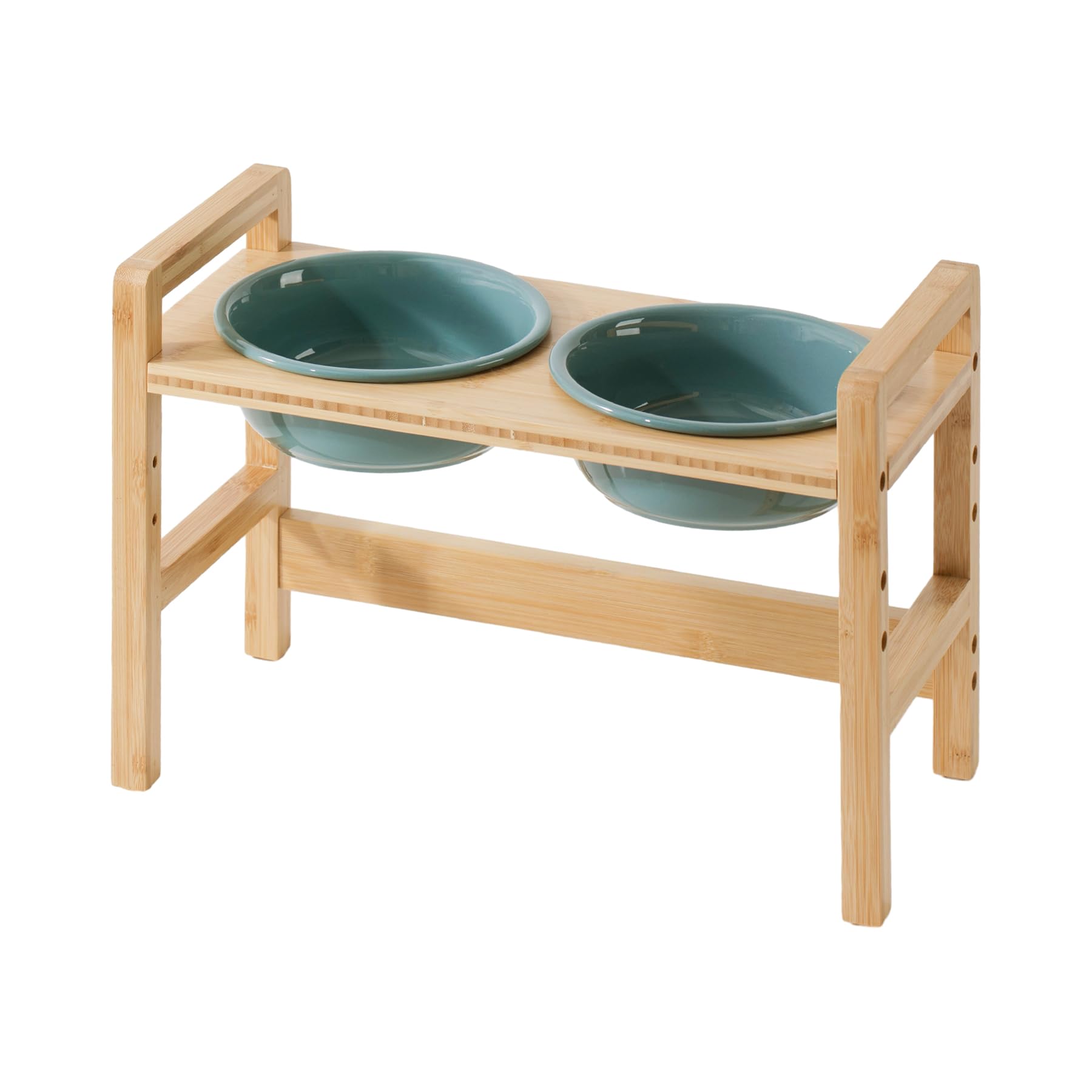 Havniva Ceramic Adjustable Raised Double Dog Bowls With Wooden Stand, 3 Heights Elevated For Small Dogs (Double 5.9'' Bowls, Dar