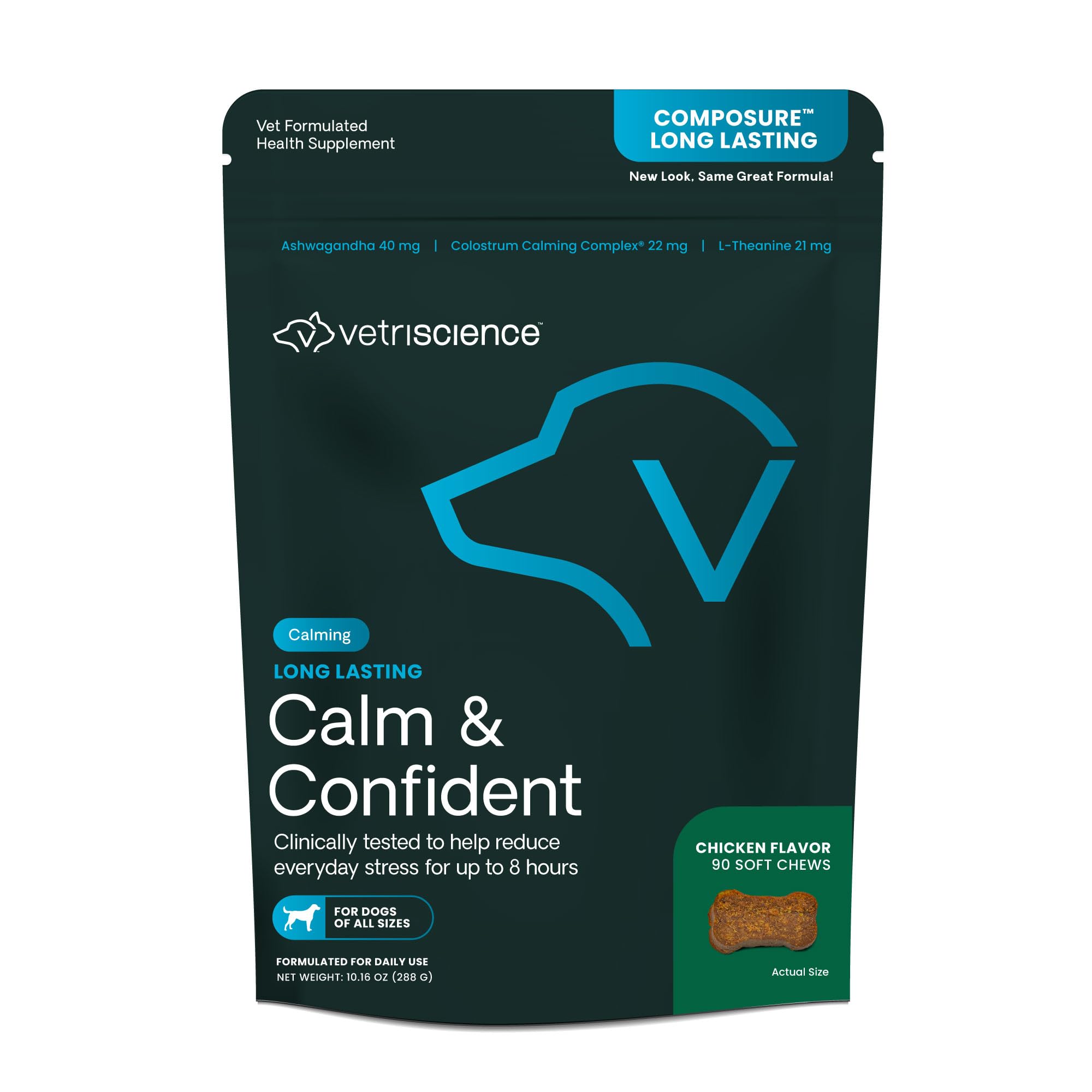 VetriScience Long Lasting Calm & Confident Calming Chews for Dogs, Supplement for Stress Support, Thunderstorms, Fireworks, & Tr