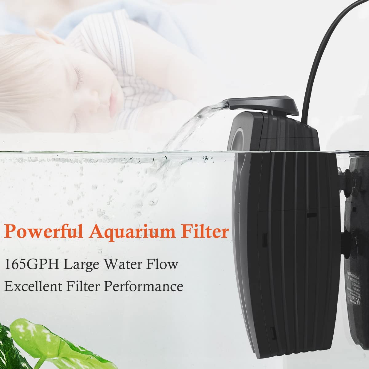 FEDOUR 165GPH Aquarium Filter U-V, 8W Adjustable Fish Tank Filter, U-V Submersible Internal Filter for 10-50 Gallon Tank, with B