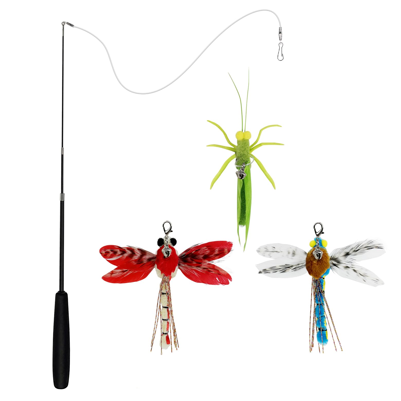 TTcat Cat Feather Wand Toys,Retractable Wand Toy with 3 Simulation Insects Dragonfly Grasshopper Refills,Interactive Cat Toy Kit