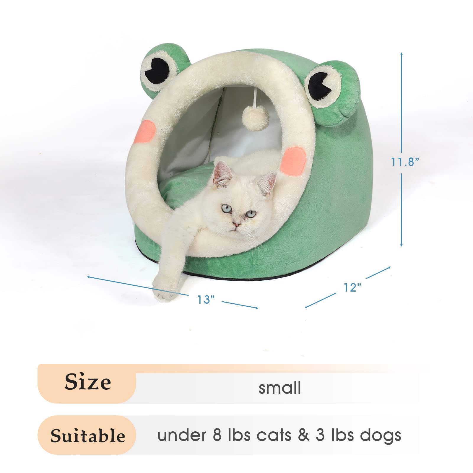 Jiupety Cute Cat Bed, Indoor Lovely Velvet Igloo For Cat, Warm Cave Sleeping Nest Bed For Puppy And Kitten, Green Frog, S