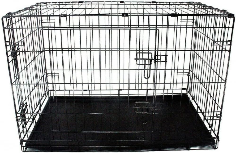 Shine Mount Dog Puppy Crate Large 36 Inch Black Metal Double Door Removable Abs Tray Folding Flat Cage Perfect Bed Training Pet Car Travel Easy Access Storage (Dog Crate Large 36 Inch/ Fast Delivery