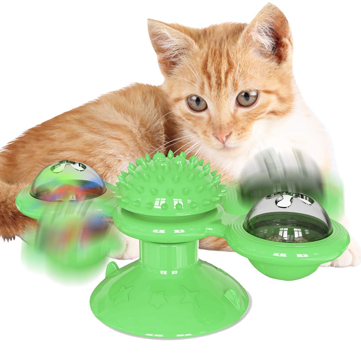 Cdipesp Windmill Cat Toy With Catnip, Interactive Cat Spinning Toys With Suction Cup Kitten Turntable Massage Toy For Indoor Cats (Green)