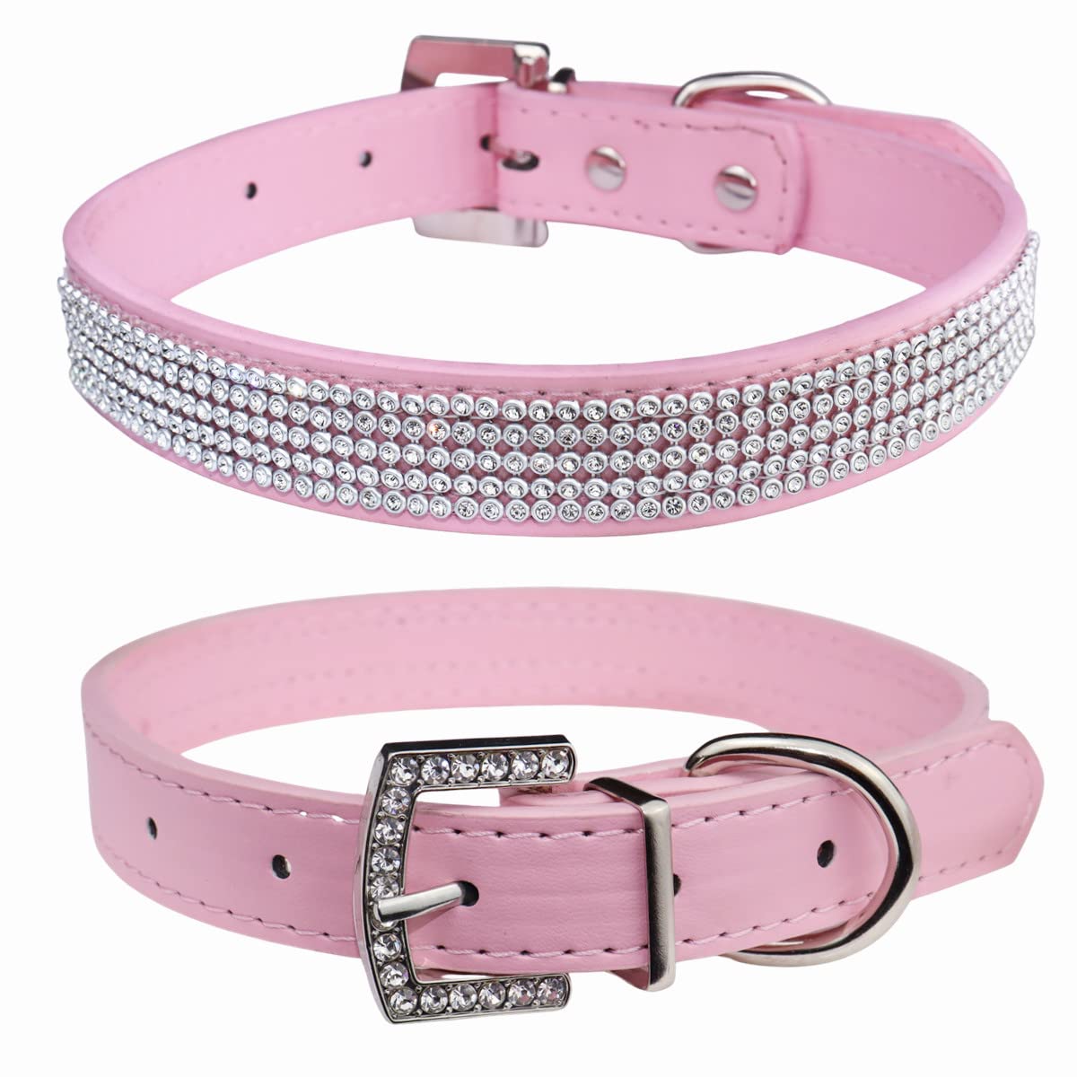 Thain Basic Adjustable Dog Cat Collar Bling Rhinestones Shing Diamonds Pu Leather With Rhinestones Buckle (L(Length 15''-18''), 