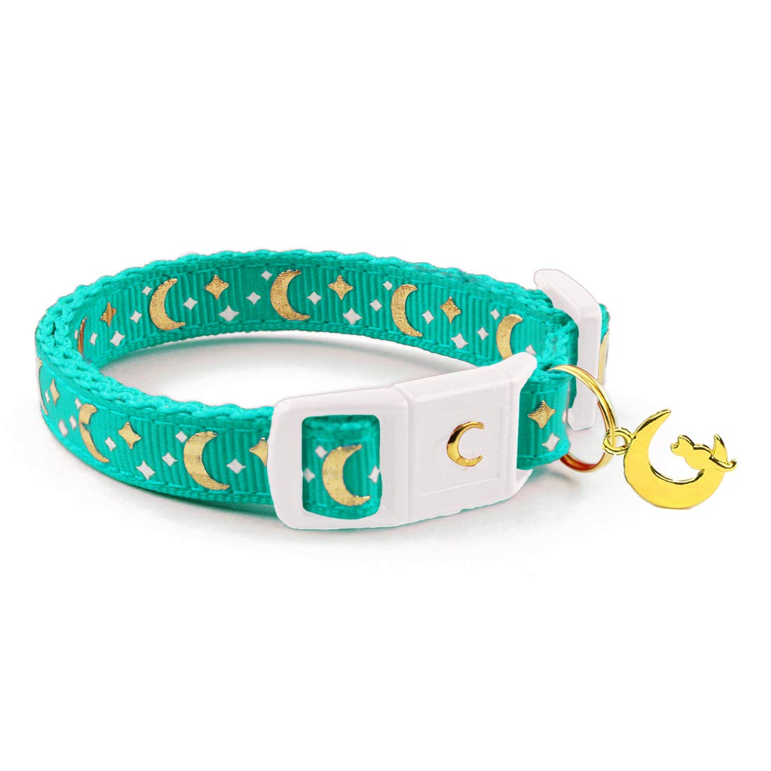 Waaag Cat Collars, Gold Moons And Stars Cat Collar, Safety Breakaway Cat Collar, Glow In The Dark (Kitten 6.5''-10'' Neck, Aqua)