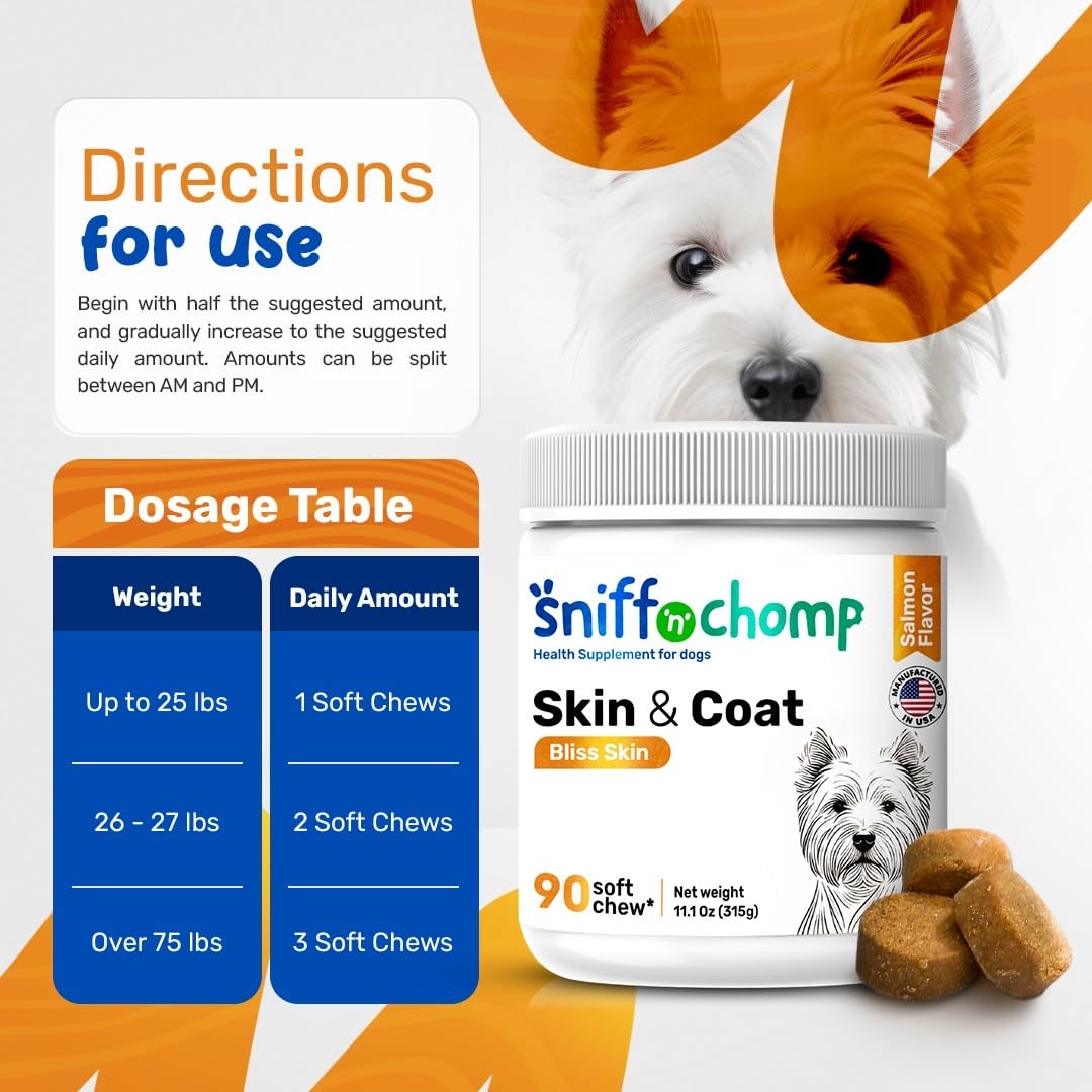 Sniff n Chomp Fish Oil for Dogs, Omega 3, with Wild Salmon Oil, Biotin, and Vitamin C, Fish Oil Dogs for Dog Severe Dry Skin S