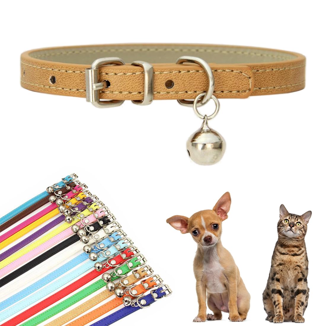 Khaki XXS Dog Collar with Bell, Faux Leather Kitten Collar with Bells Pu Basic Boy Dog Collars for XXS XSmall Small Medium Pet M