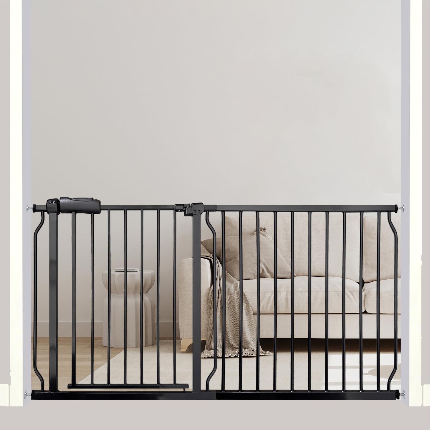 Extra Wide Baby Gate, 57.5-62 Inch - Black Metal, Pressure Mounted Indoor Safety Gate, Walk-Through Dog Gate for Kids & Pets, 30