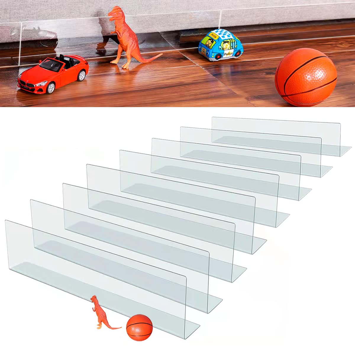 8 Pack Under Bed Blocker for Toys 4.7'' High 16'' Long Under Couch Blocker Gap Bumper Stop Clutter Safety PVC Adjustable Clear C