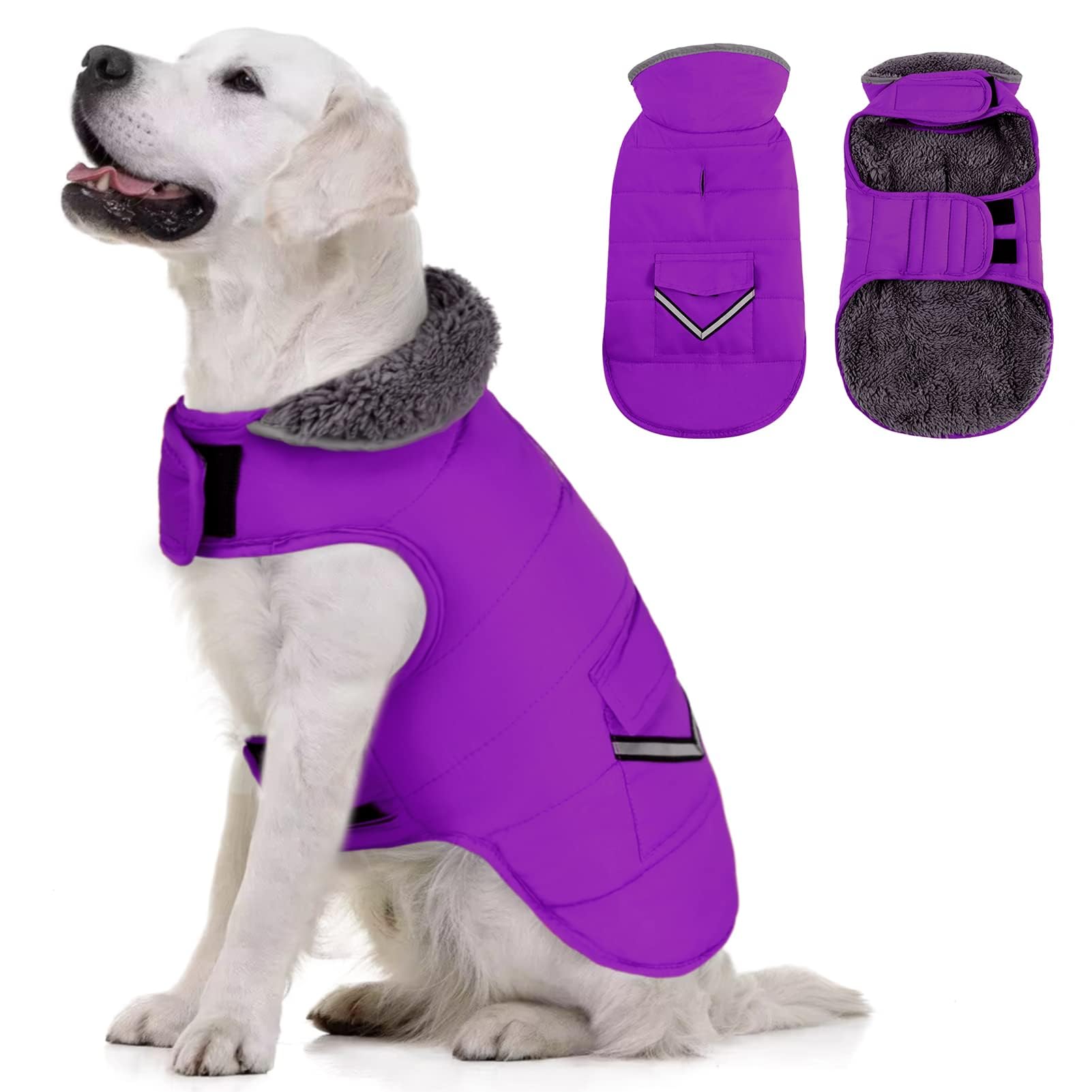 Mighi Winter Dog Jacket, Cold Weather Reflective Fleece Vest with Leash Hole and Furry Collar for Small to Large Dogs, Purple