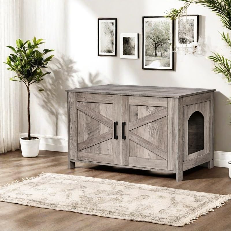 Homhedy Cat Litter Box Enclosure,Litter Box Furniture Hidden With Barn Door,Wooden Cat Washroom Furniture,Cat House,Fit Most Of Litter Box, Greige